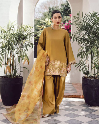 Mustard Olive Designer French Crepe Silk Farshi Salwar Suit Set