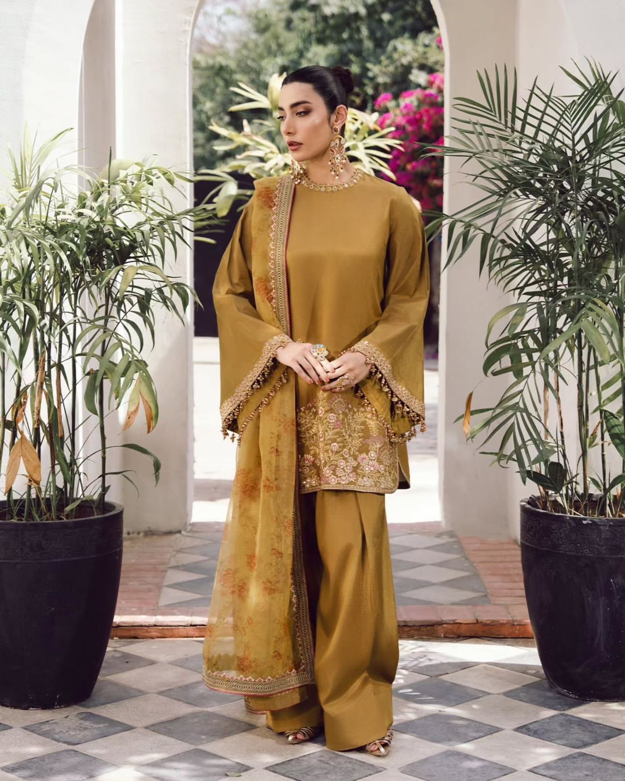 Mustard Olive Designer French Crepe Silk Farshi Salwar Suit Set