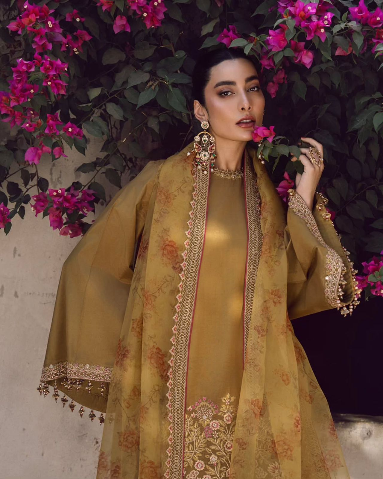Mustard Olive Designer French Crepe Silk Farshi Salwar Suit Set