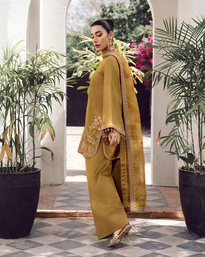 Mustard Olive Designer French Crepe Silk Farshi Salwar Suit Set