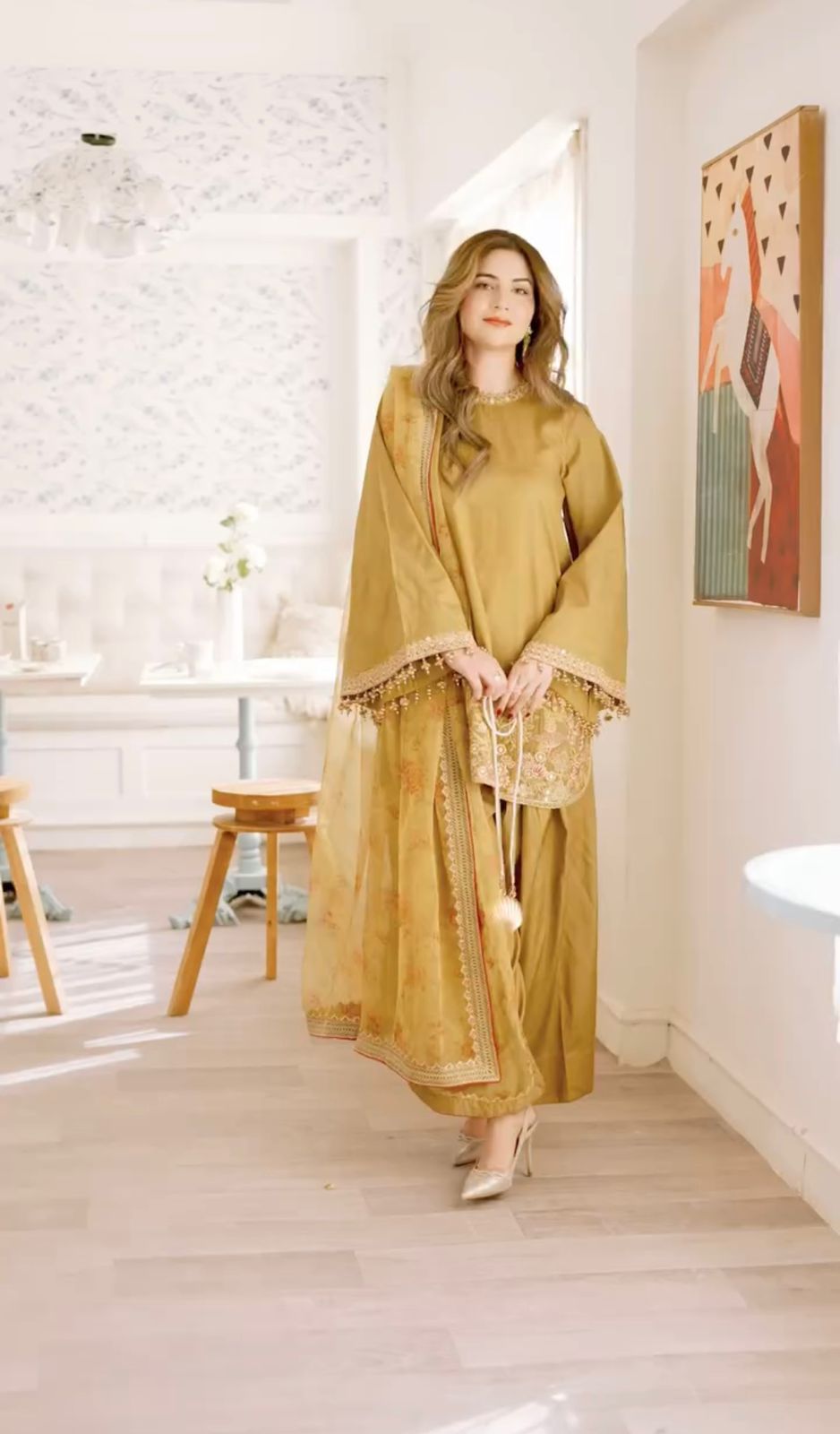 Mustard Olive Designer French Crepe Silk Farshi Salwar Suit Set