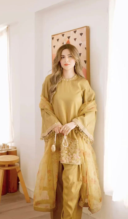 Mustard Olive Designer French Crepe Silk Farshi Salwar Suit Set