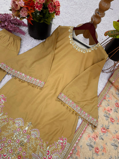 Mustard Olive Designer French Crepe Silk Farshi Salwar Suit Set