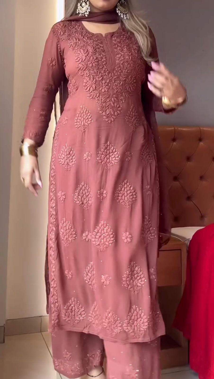 Elegant Dusty Rose Viscose Chikankari Kurti Set with 3D Handwork Inner included
