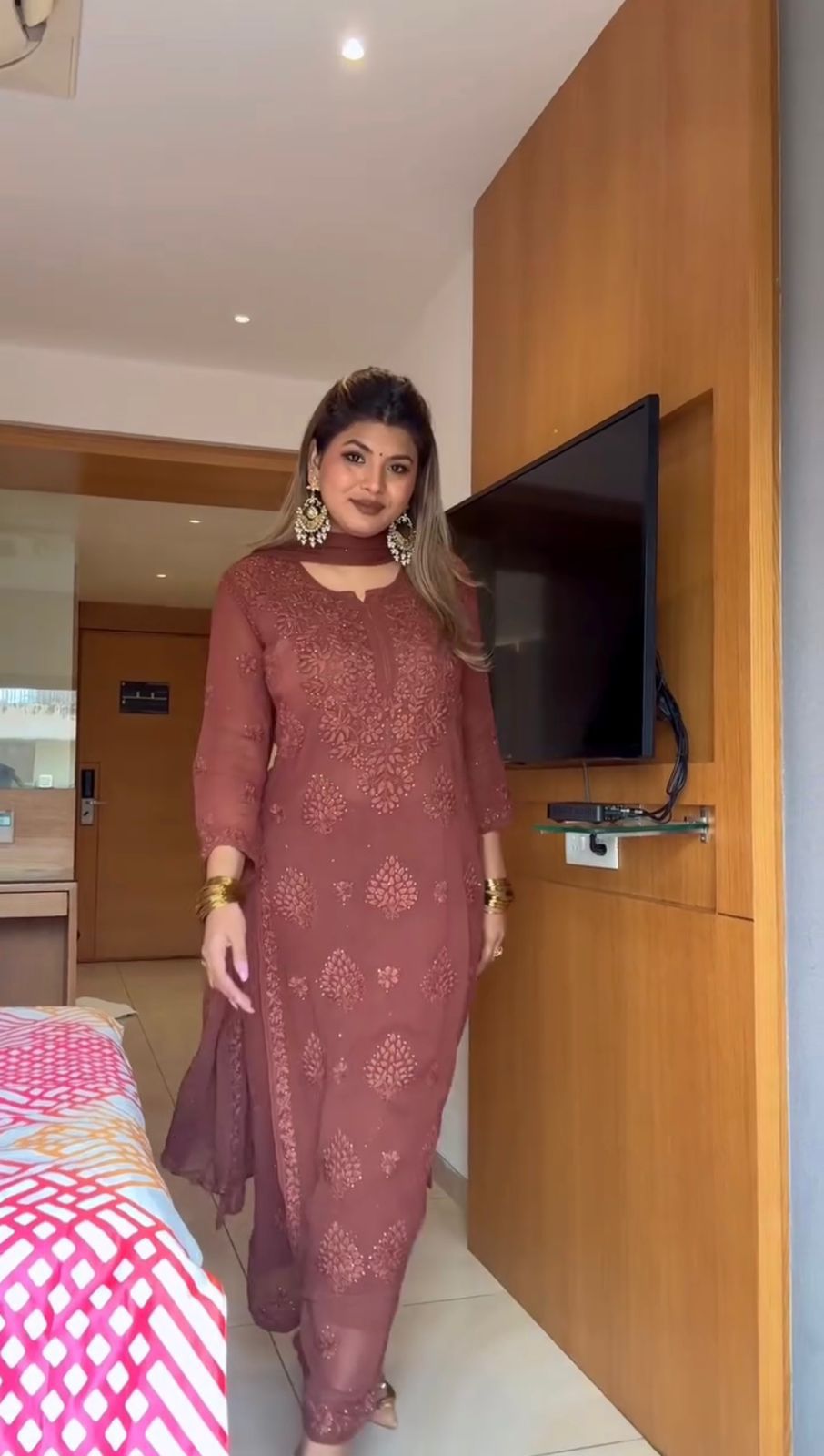 Elegant Dusty Rose Viscose Chikankari Kurti Set with 3D Handwork Inner included