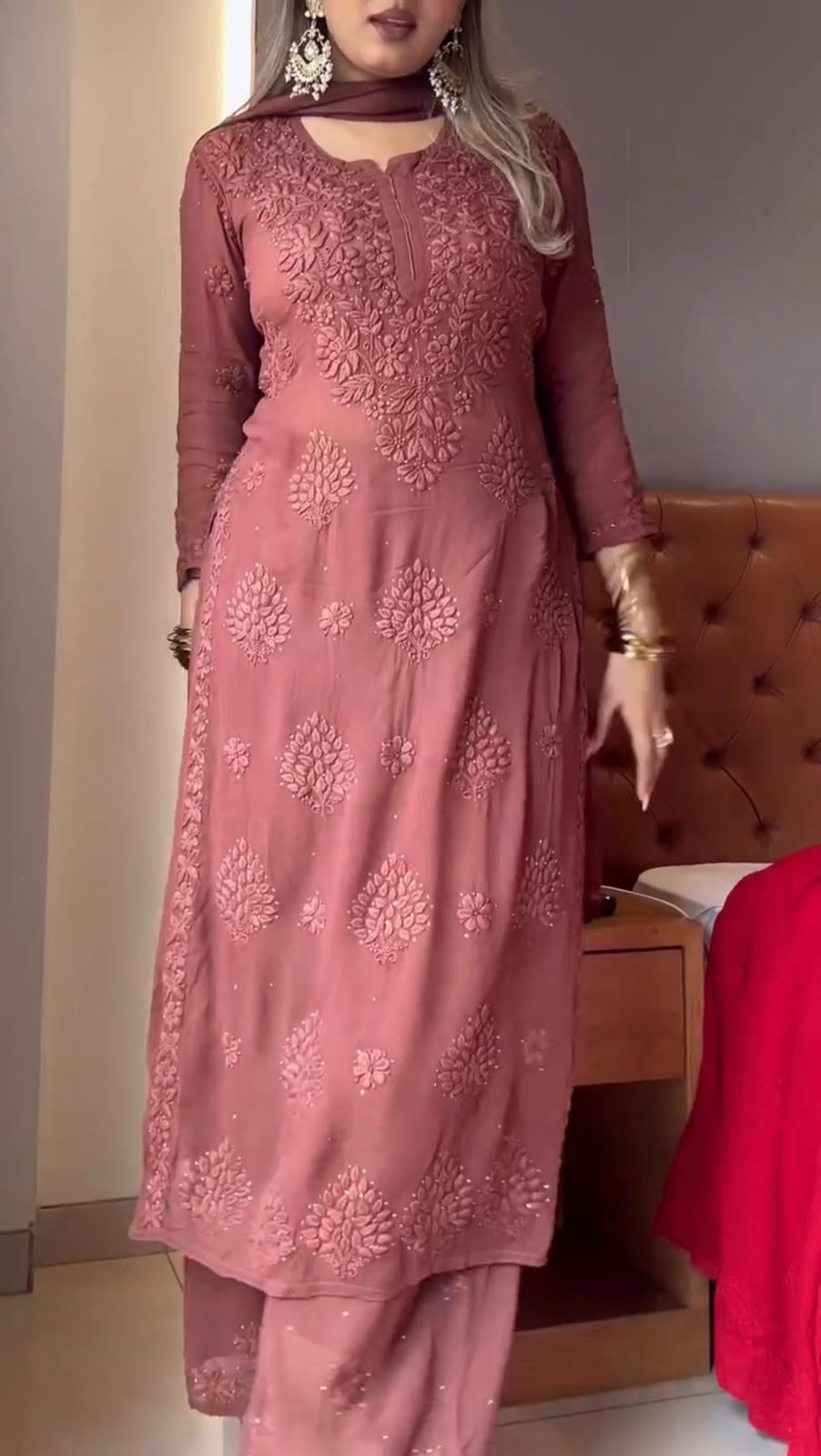 Elegant Dusty Rose Viscose Chikankari Kurti Set with 3D Handwork Inner included