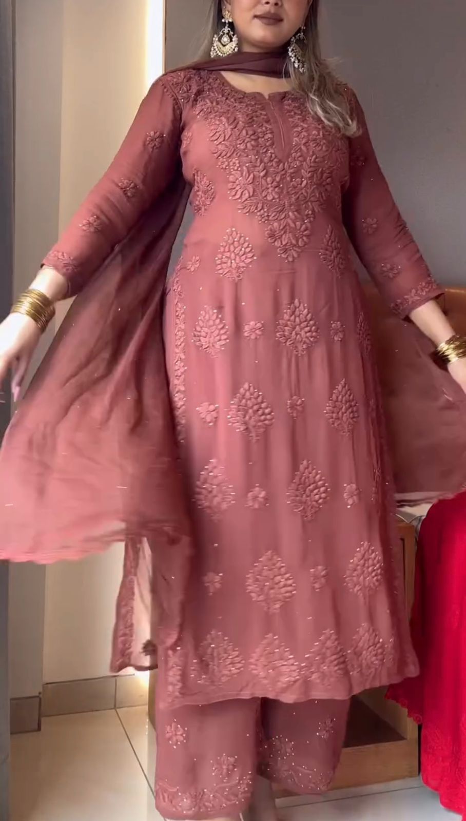 Elegant Dusty Rose Viscose Chikankari Kurti Set with 3D Handwork Inner included