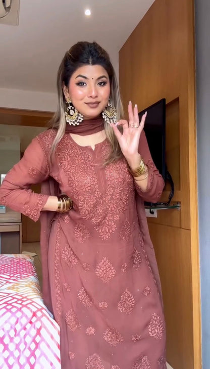 Elegant Dusty Rose Viscose Chikankari Kurti Set with 3D Handwork Inner included