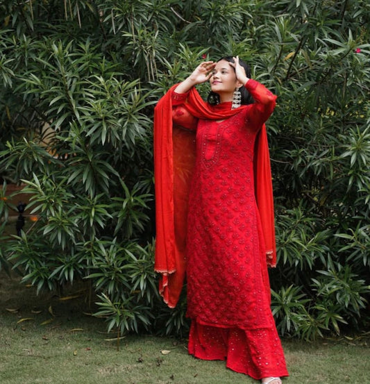 Red Ombre Mirror Lucknow Chikankari Sharara Set Karwa Chauth Special
