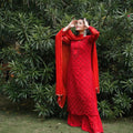 Red Ombre Mirror Lucknow Chikankari Sharara Set Karwa Chauth Special