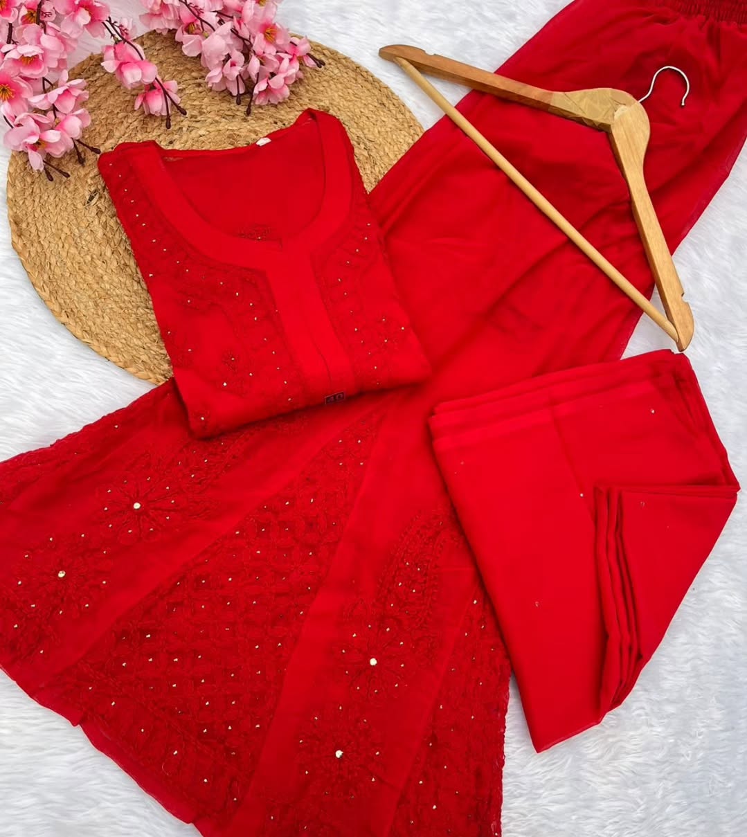 Red Ombre Mirror Lucknow Chikankari Sharara Set Karwa Chauth Special