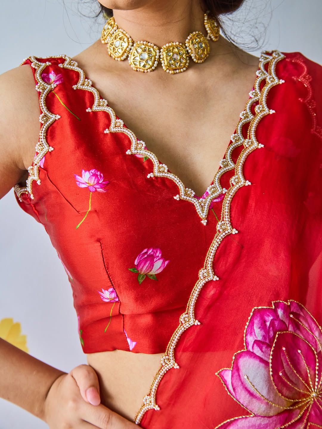 Red Floral Karwa Chauth Saree Blouse Set - Handwork Elegance