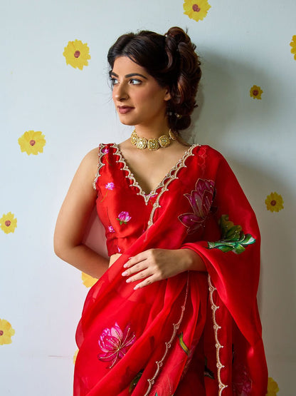 Red Floral Karwa Chauth Saree Blouse Set - Handwork Elegance