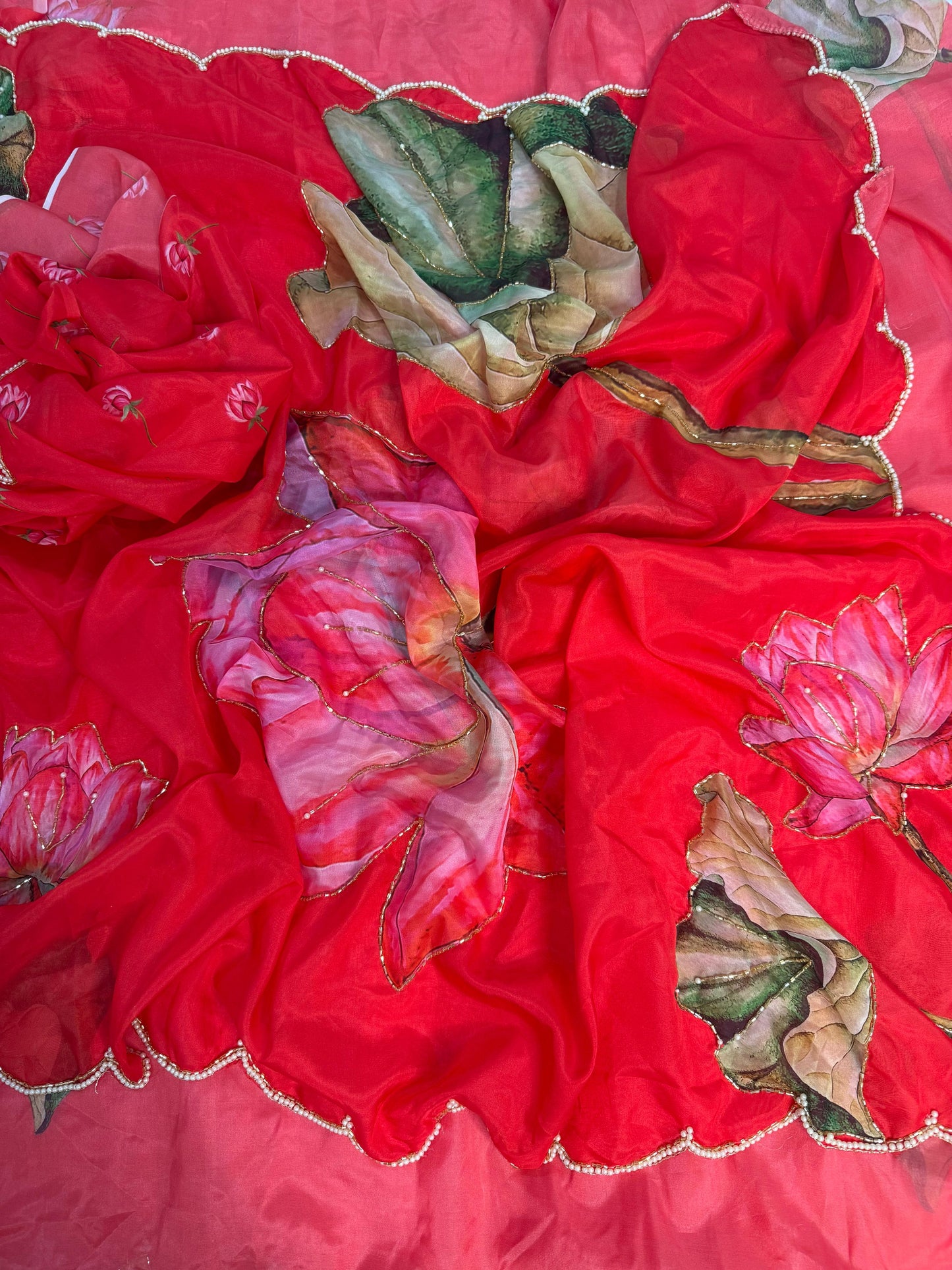 Red Floral Karwa Chauth Saree Blouse Set - Handwork Elegance