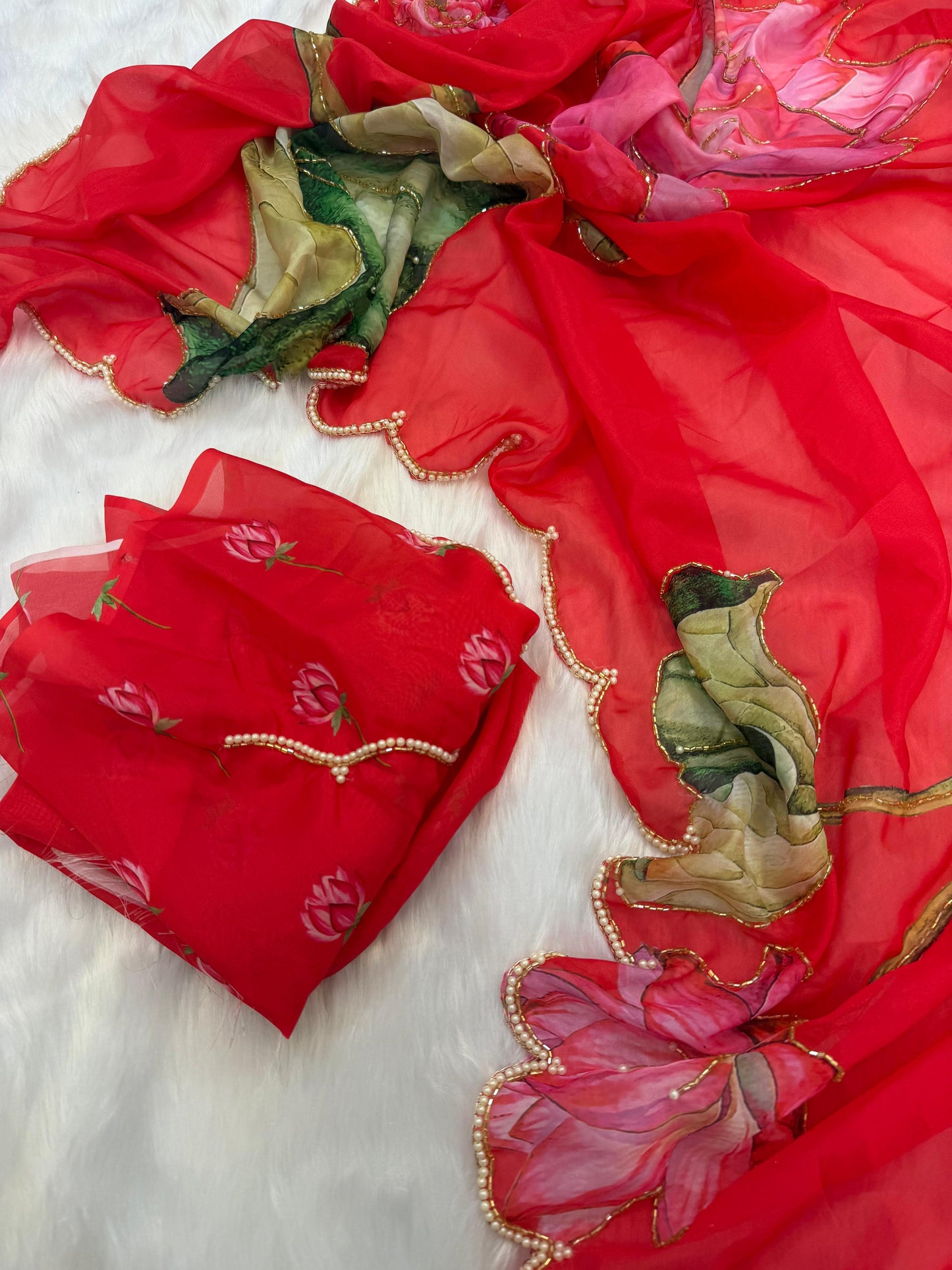 Red Floral Karwa Chauth Saree Blouse Set - Handwork Elegance