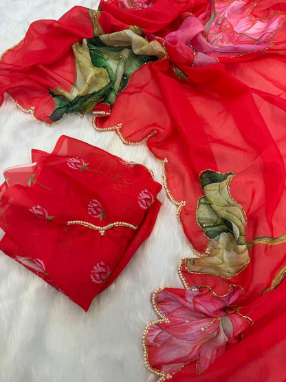 Red Floral Karwa Chauth Saree Blouse Set - Handwork Elegance
