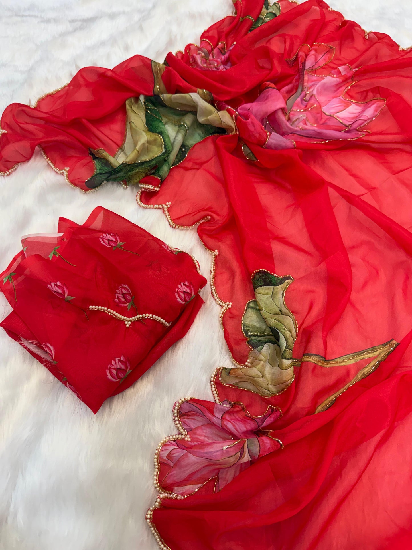 Red Floral Karwa Chauth Saree Blouse Set - Handwork Elegance