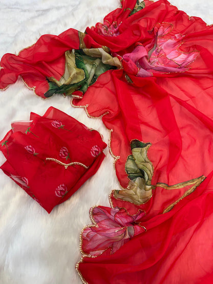 Red Floral Karwa Chauth Saree Blouse Set - Handwork Elegance