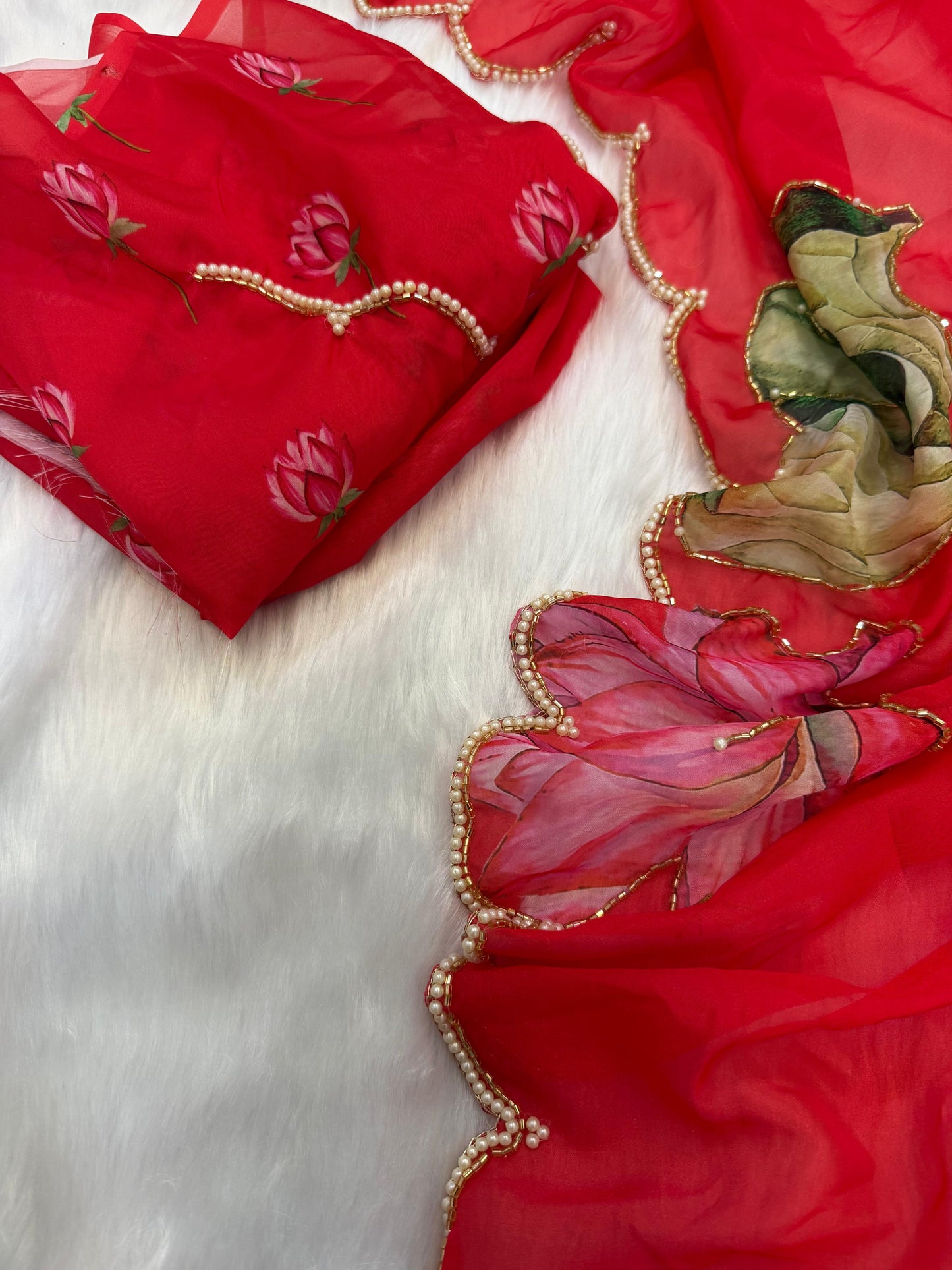 Red Floral Karwa Chauth Saree Blouse Set - Handwork Elegance