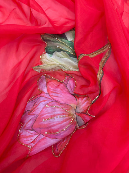 Red Floral Karwa Chauth Saree Blouse Set - Handwork Elegance