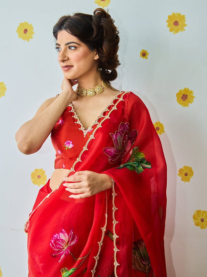 Red Floral Karwa Chauth Saree Blouse Set - Handwork Elegance