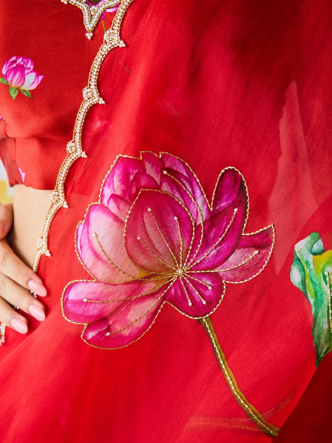 Red Floral Karwa Chauth Saree Blouse Set - Handwork Elegance