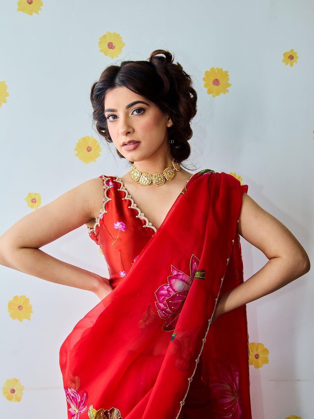 Red Floral Karwa Chauth Saree Blouse Set - Handwork Elegance