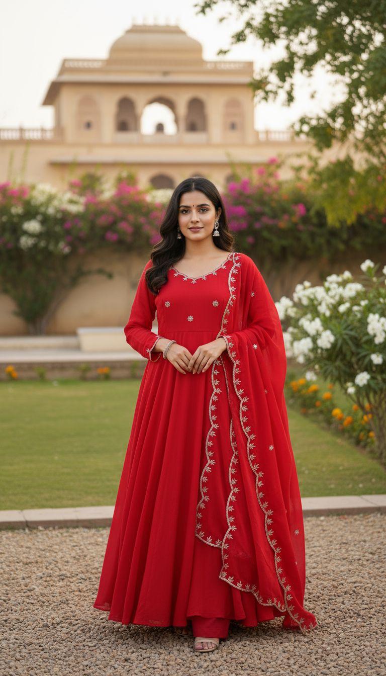 Red Scarlet Blossom Anarkali Gown Set Karwa Chauth Edition