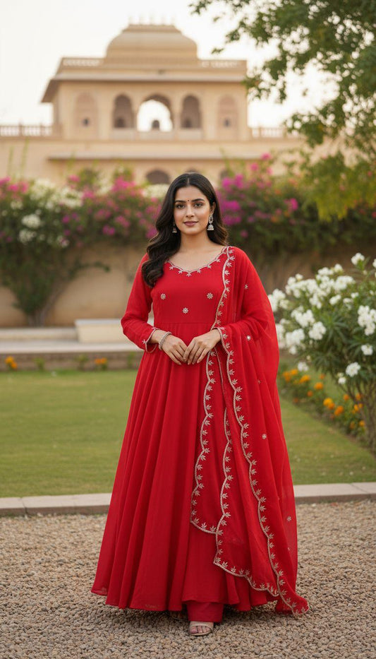 Red Scarlet Blossom Anarkali Gown Set Karwa Chauth Edition