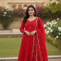 Red Scarlet Blossom Anarkali Gown Set Karwa Chauth Edition