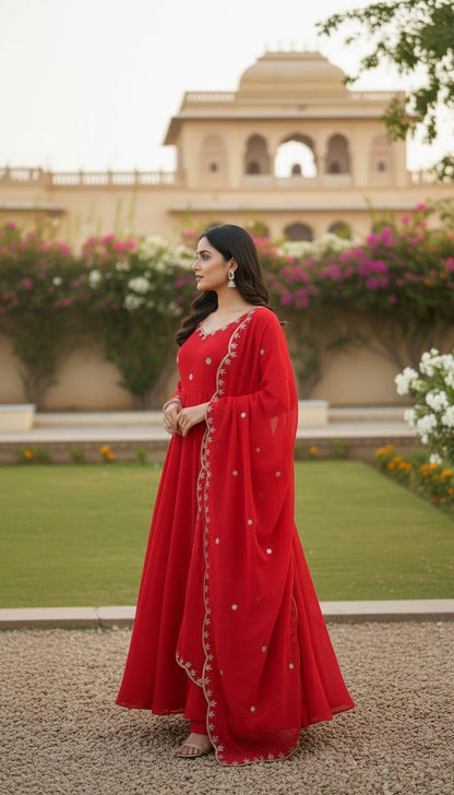 Red Scarlet Blossom Anarkali Gown Set Karwa Chauth Edition