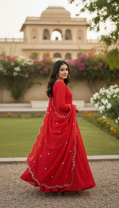 Red Scarlet Blossom Anarkali Gown Set Karwa Chauth Edition