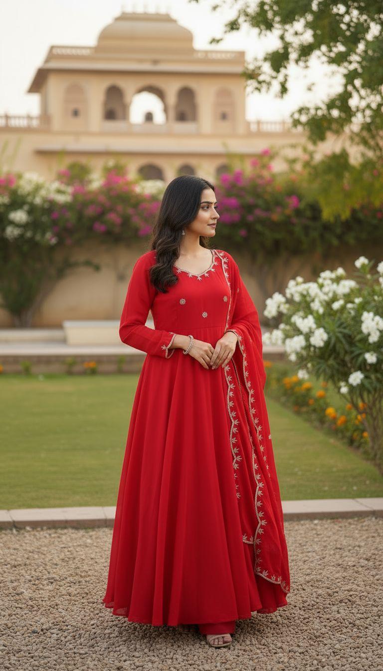 Red Scarlet Blossom Anarkali Gown Set Karwa Chauth Edition