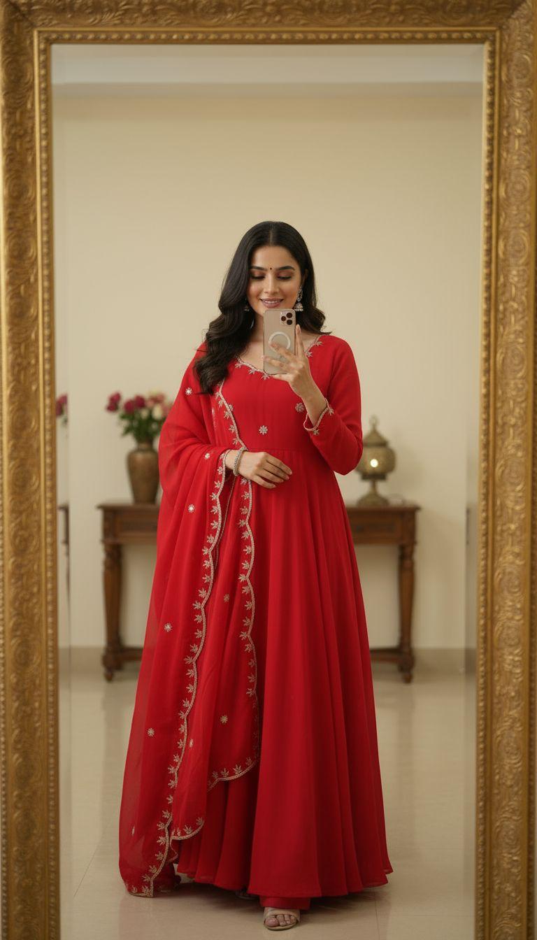 Red Scarlet Blossom Anarkali Gown Set Karwa Chauth Edition
