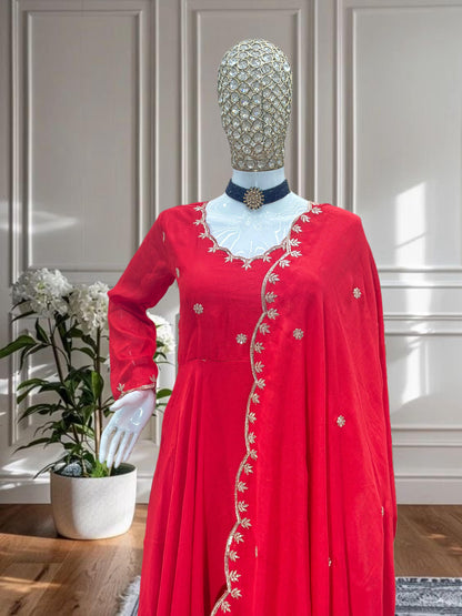 Red Scarlet Blossom Anarkali Gown Set Karwa Chauth Edition