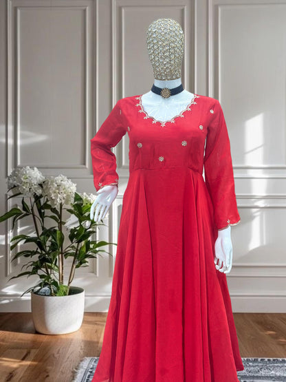 Red Scarlet Blossom Anarkali Gown Set Karwa Chauth Edition