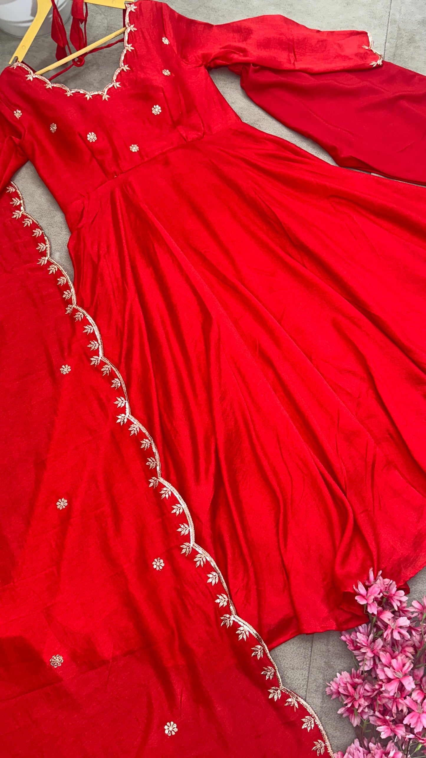 Red Scarlet Blossom Anarkali Gown Set Karwa Chauth Edition