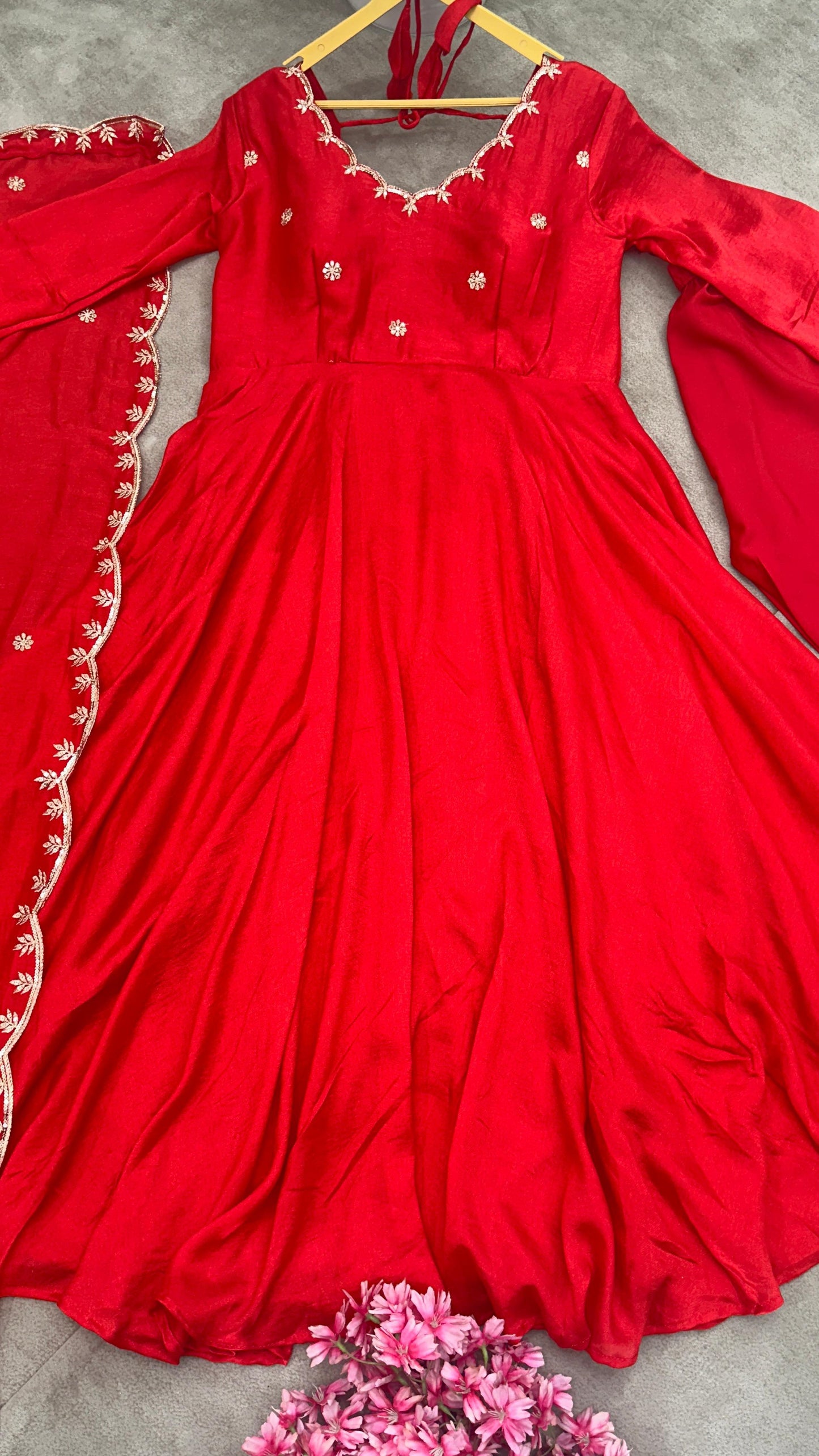Red Scarlet Blossom Anarkali Gown Set Karwa Chauth Edition