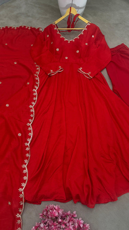 Red Scarlet Blossom Anarkali Gown Set Karwa Chauth Edition