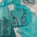 Aqua Green Lucknow Chikankari Mirror Sharara Kurti Set Elegant 4 Piece Outfit Inner Included
