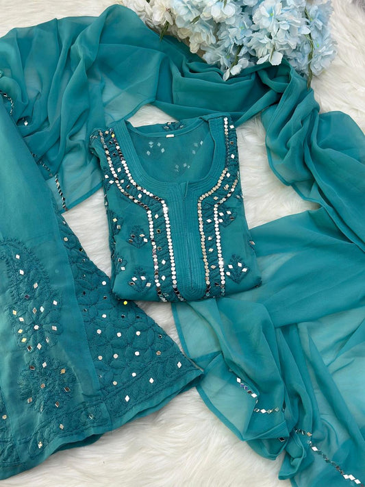Teal Green Lucknow Chikankari Mirror Sharara Kurti Set Elegant 4 Piece Outfit Inner Included