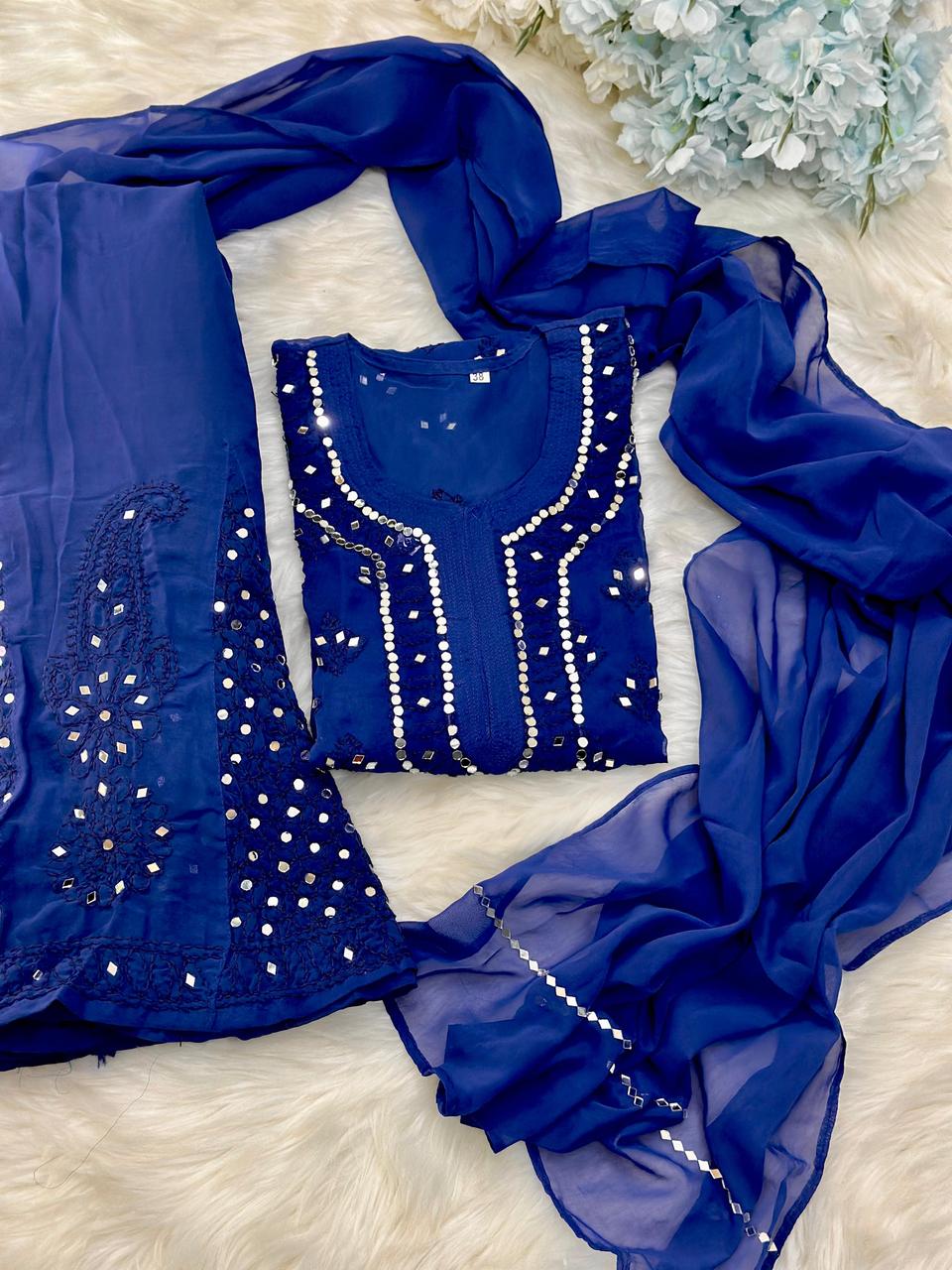 Dark Blue Lucknow Chikankari Mirror Sharara Kurti Set Elegant 4 Piece Outfit Inner Included
