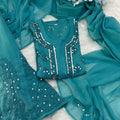 Teal Green Lucknow Chikankari Mirror Sharara Kurti Set Elegant 4 Piece Outfit Inner Included