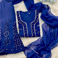 Dark Blue Lucknow Chikankari Mirror Sharara Kurti Set Elegant 4 Piece Outfit Inner Included