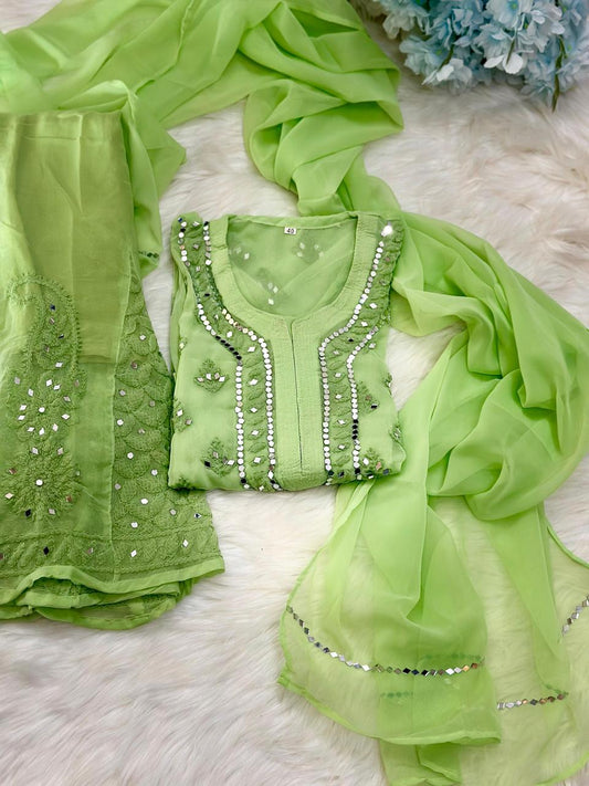 Light Green Lucknow Chikankari Mirror Sharara Kurti Set Elegant 4 Piece Outfit Inner Included