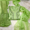 Light Green Lucknow Chikankari Mirror Sharara Kurti Set Elegant 4 Piece Outfit Inner Included