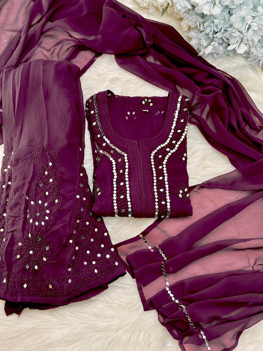 Wine Lucknow Chikankari Mirror Sharara Kurti Set Elegant 4 Piece Outfit Inner Included