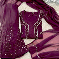 Wine Lucknow Chikankari Mirror Sharara Kurti Set Elegant 4 Piece Outfit Inner Included