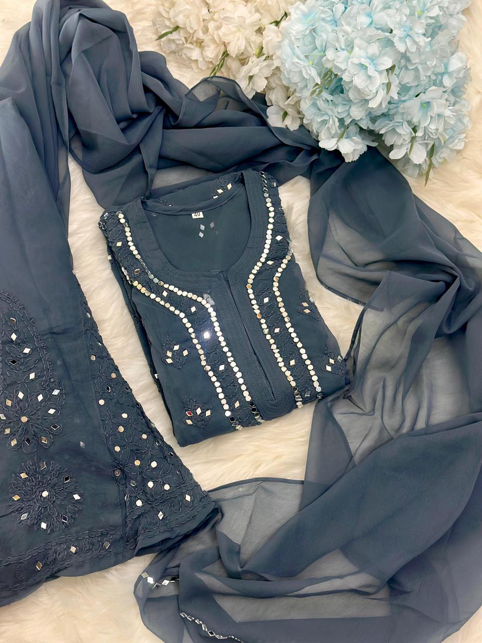 Blueish Grey Lucknow Chikankari Mirror Sharara Kurti Set Elegant 4 Piece Outfit Inner Included