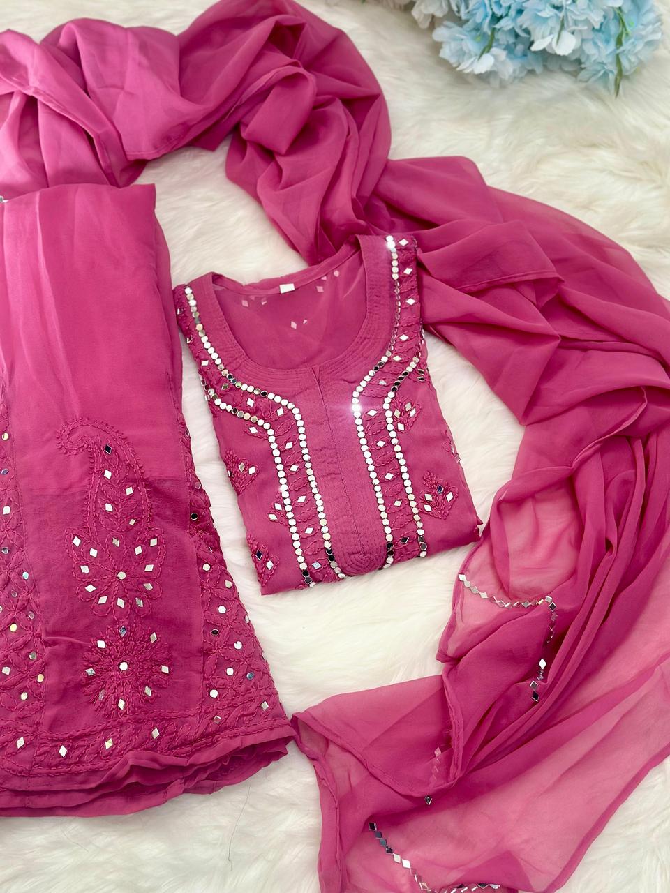Pink Lucknow Chikankari Mirror Sharara Kurti Set Elegant 4 Piece Outfit Inner Included